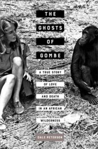 The cover of Dale Peterson’s latest book, The Ghosts of Gombe: A True Story of Love and Death in an African Wilderness. The photo includes Ruth Davis and a chimpanzee named Figan, taken in 1968. (Photo used with permission of Géza Telecki and Dale Peterson.)